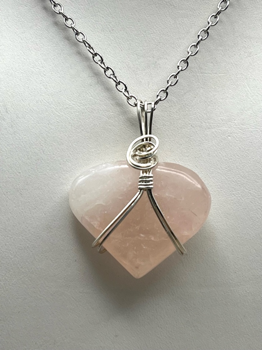 Sterling Wire-Wrapped Rose Quartz Heart Pendant Necklace - Gift for Her